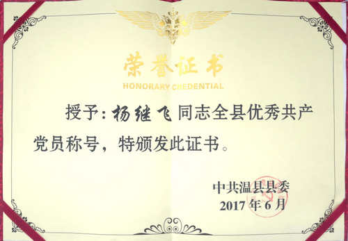 楊繼飛2017年度被評為全縣優秀共產黨員稱號